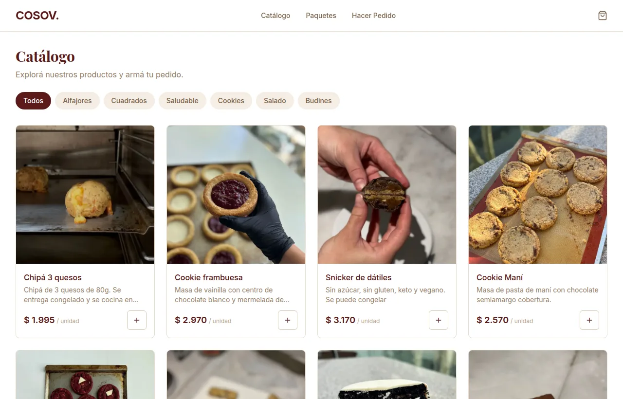 Catálogo público de COSOV. con sus productos, en bordó y crema