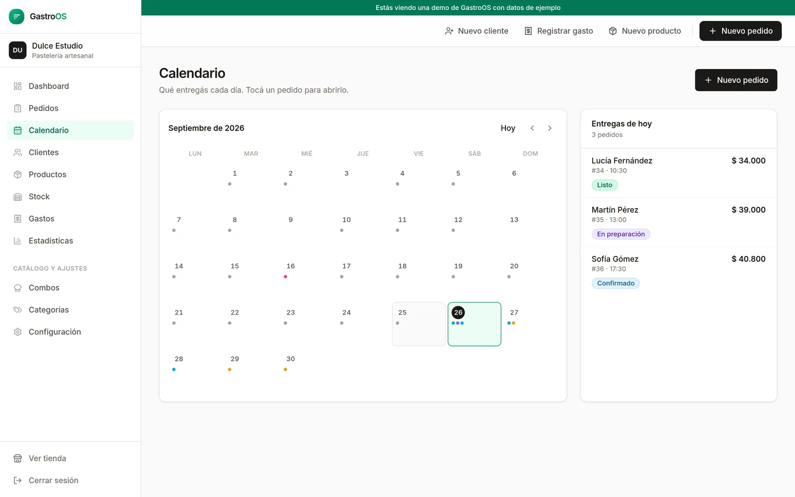 Vista de calendario mensual con los pedidos de cada día