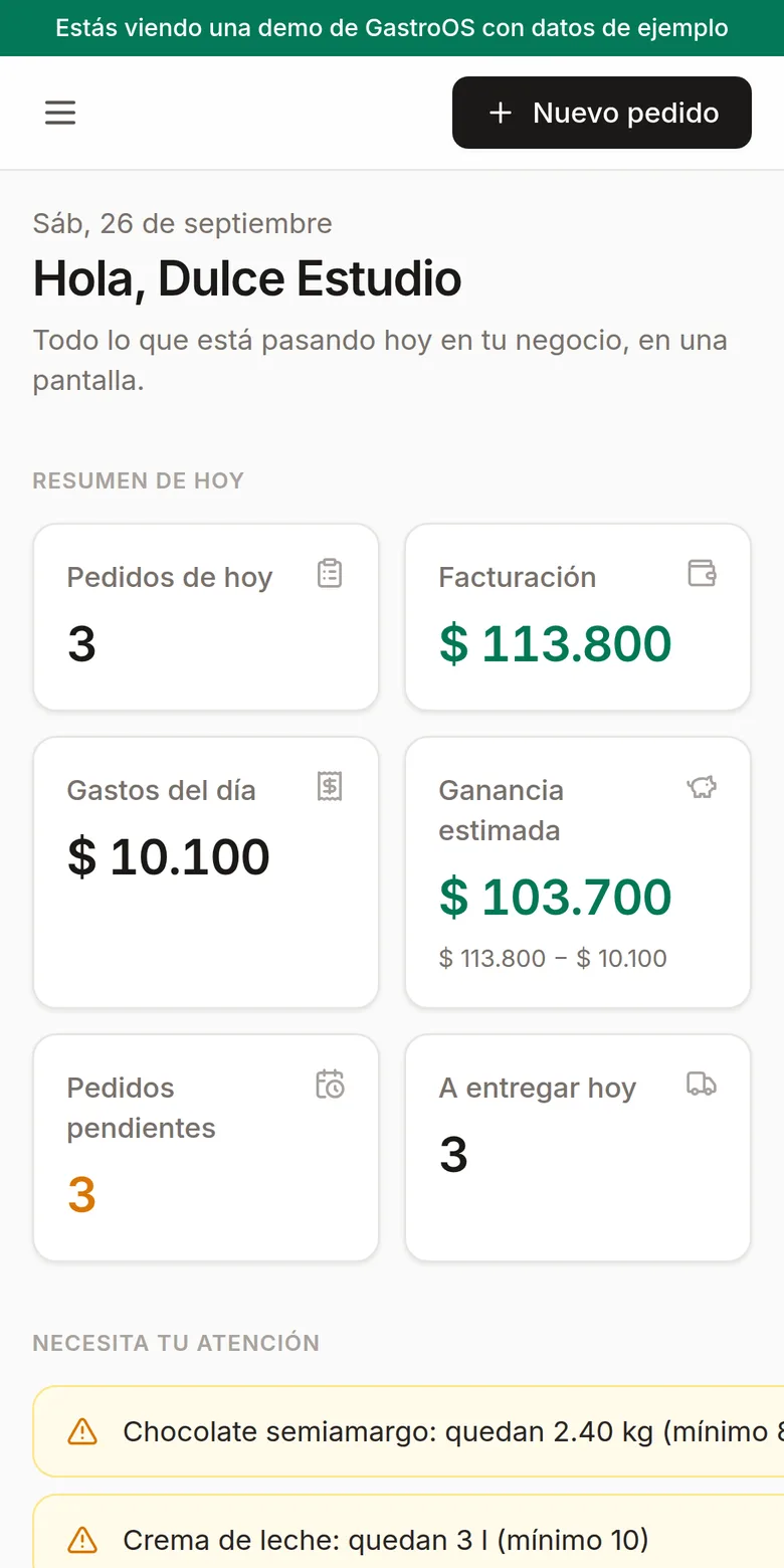GastroOS en un teléfono, mostrando el dashboard del día